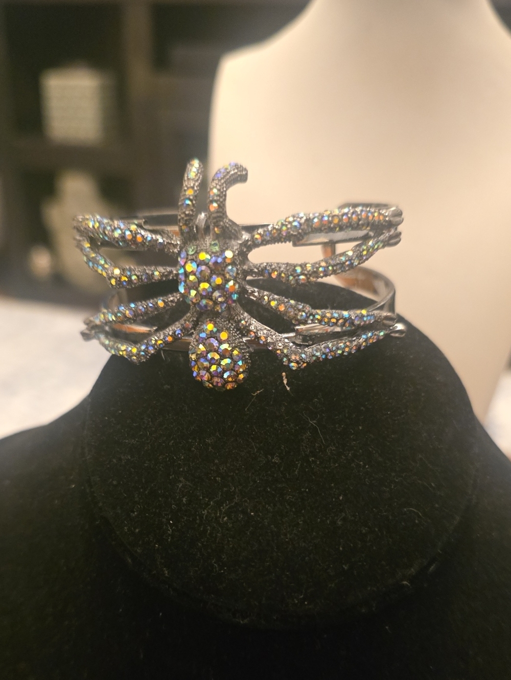 Kirks Folly Crystal Spider Statement Bracelet - Black with Aurora Rhinestones